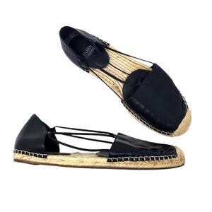 Eileen Fisher Lee Washed Leather Espadrille Flat Sandals Black Casual Size US 9